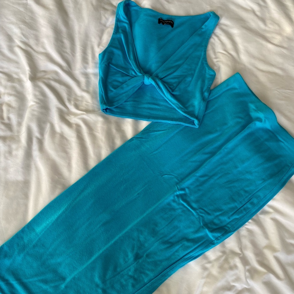 Naked Wardrobe Blue Crop Tank Top with Tie Front & Skirt